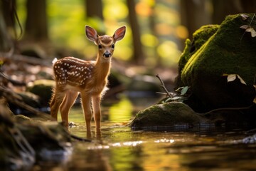 Wall Mural - Curious deer standing in forest stream