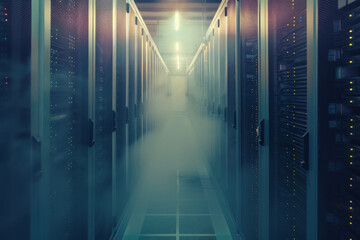 Canvas Print - A server room with smoke coming out of the doors