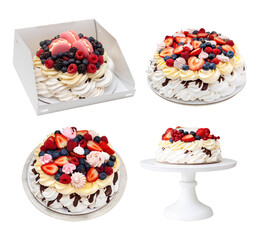 Wall Mural - Pavlova cake with whipped cream cheese, chocolate sauce and fresh berries on grey background. Beautiful cake for the Birthday party