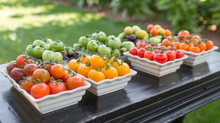 Wall Mural - A variety of small tomatoes are displayed on a wooden table.