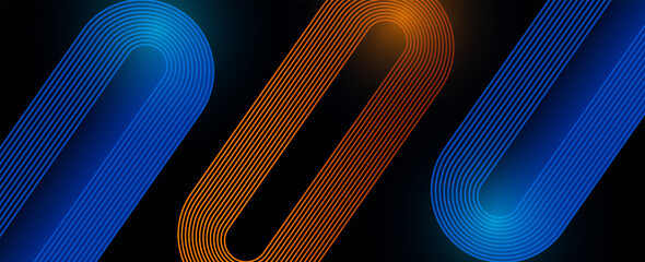 Wall Mural - Dark abstract background with orange and blue light effect. Glowing diagonal rounded lines. Modern gradient geometric shape design element. Futuristic concept. Vector illustration