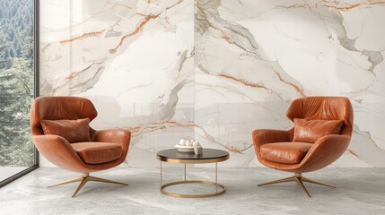  marble-wall, two-chairs, coffee-table, vase....A living room featuring a marble wall, two chairs, and