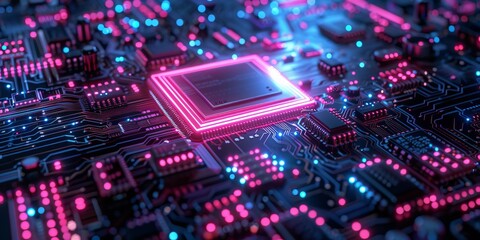 Aufkleber - Pink and Blue Image Technology Concept with picture symbol as a neon light. Vibrant colored icon, on a black background with high tech floor.