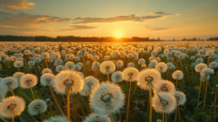 Wall Mural - A field of dandelions is in full bloom, with the sun setting in the background