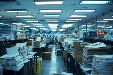 Poster - a large workspace crowded with rows of cabinets holding multiple files and documents, a busy cubicle