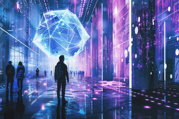 Aufkleber - A group of people are walking in a futuristic room