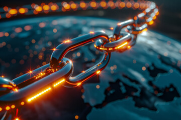 Poster - A close up of a chain with a globe in the background