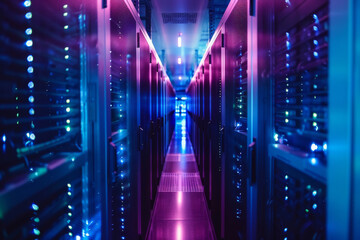 Poster - A hallway of servers with purple and blue lights