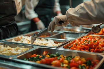 Canvas Print - A cafeteria worker diligently arranging a buffet line of food for consumption, A cafeteria worker carefully preparing a tray of food for a customer