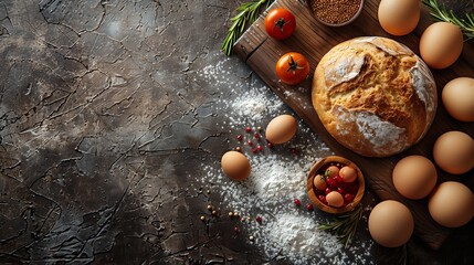 Wall Mural - Freshly baked breads surrounded by food and spices on dark background.