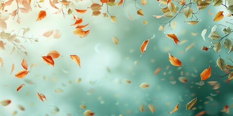 Canvas Print - Grey Green Seasonal Background with Falling Autumn Leaves. Natural Banner with copy-space.