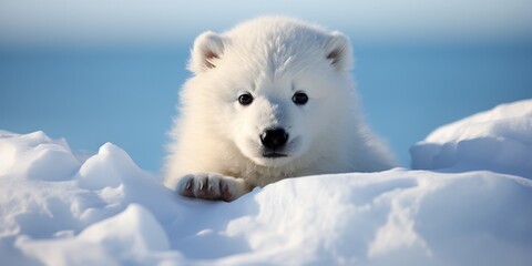 Wall Mural - Adorable white polar bear cub in the snow