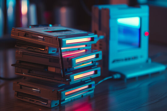 A stack of hard drives with one
