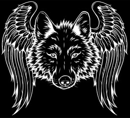 Sticker - white silhouette of wild wolf or husky sled dog head and wings portrait on black background