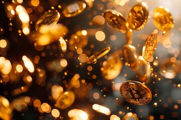 Poster - A single bitcoin falling rapidly from the sky surrounded by a cascade of golden coins, A cascade of golden coins raining down in celebration of a Jackpot hit