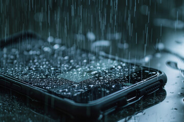 Poster - A cell phone is sitting in the rain with water drops on it