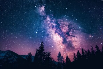 Wall Mural - a night sky filled with stars shining above a silhouette of trees, a celestial night sky filled with