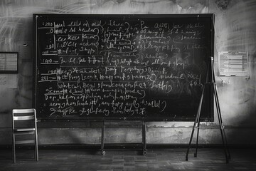 Poster - Dust-covered blackboard filled with elegant cursive writing in a room setting, A chalk dust-covered blackboard with elegant cursive handwriting and mathematical equations