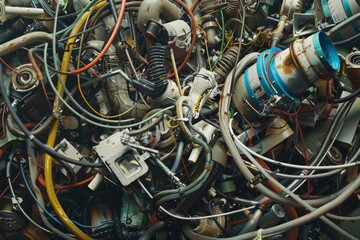 Aufkleber - A cluster of tangled electrical wires and cables forming a chaotic pile, A chaotic jumble of wires, tubes, and pistons intertwining in a tangled mess