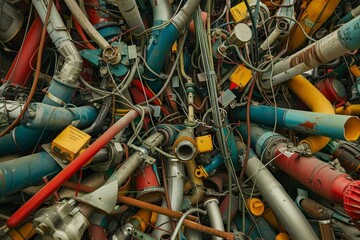 Poster - A tangled mess of wires, tubes, and pistons in a chaotic jumble of electrical equipment, A chaotic jumble of wires, tubes, and pistons intertwining in a tangled mess