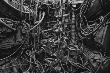 Poster - A complex cluster of wires, tubes, and pistons intertwined in a chaotic jumble of connections, A chaotic jumble of wires, tubes, and pistons intertwining in a tangled mess