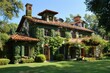 Large house fully covered in vines and ivys, showcasing a charming European villa with a terracotta roof, A charming European villa with a terracotta roof and ivy-covered walls