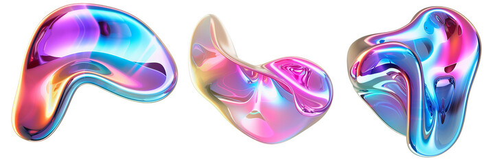 Poster - set of bubble 3d chrome neon fluid form liquid metallic shape, transparent background