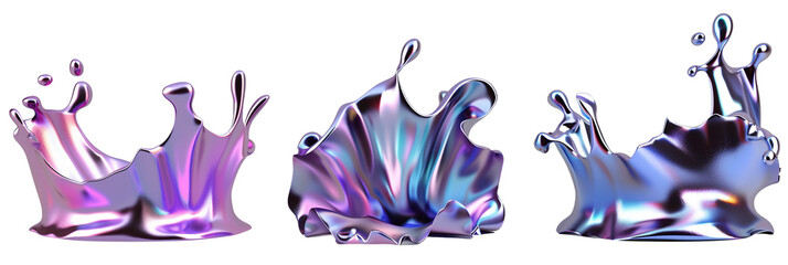 Poster - set of splashing 3d chrome neon fluid form liquid metallic shape, transparent background