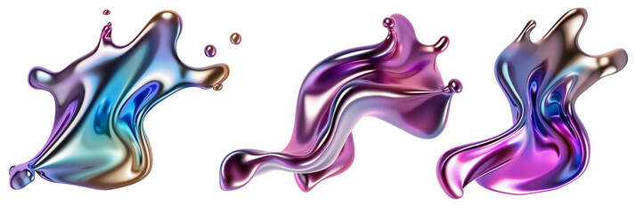 Poster - set of splashing 3d chrome neon fluid form liquid metallic shape, transparent background