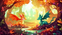 Cartoon Dragon. A Cute Blue And Red Dragon Look At Each Other In A Magical Colorful Forest