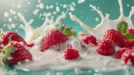 A splash of milk with strawberries and raspberries on the ight green background.