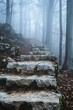 Ancient stone staircase ascending into the fog
