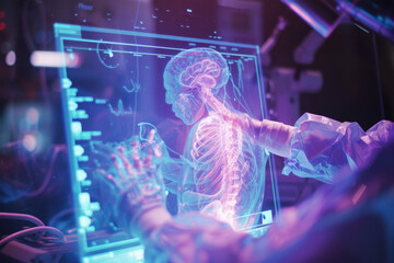 Poster - A computer screen shows a skeleton and a brain on it