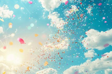 Canvas Print - Numerous colorful balloons taking flight in a bright sky, with confetti falling, A cheerful setting with confetti falling from the sky