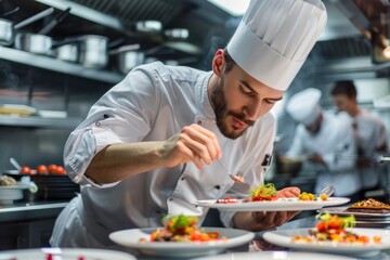 A man in a chefs hat is closely inspecting a plate of food in a bustling kitchen, A chef tasting his latest creation in a busy kitchen