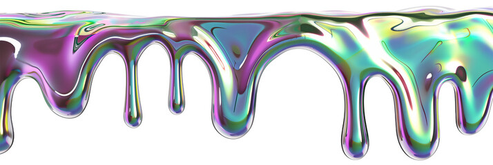 3D iridescent glass dip, dripping in smooth trails, isolated on transparent background