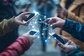 Poster - A group of people holding cell phones with a network coming out of them