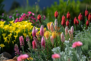 Wall Mural - a garden with a variety of flowers including pink, yellow, and purple