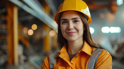 Beautiful young woman in uniform, builder, professional in her field.