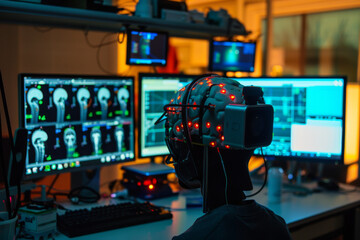Poster - A person wearing a virtual reality headset is sitting in front of two computer monitors
