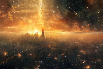 Wall Mural - A large city illuminated by the twinkling stars in the night sky, A cityscape bombarded by cosmic rays from a nearby black hole