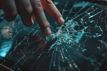 Poster - A hand is pointing at a broken glass screen