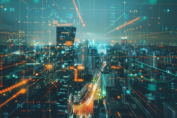 Poster - a cityscape illuminated by numerous lights and defined by intersecting lines and patterns, a citysca