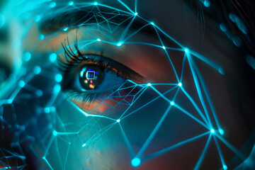 Poster - A close up of a woman 's eye with a blue background