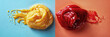 ketchup and mayonnaise face to face to each other on different sides, blue and red design background