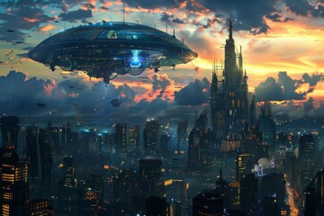 Canvas Print - A futuristic cityscape with a flying saucer hovering in the sky, showcasing futuristic technology and urban development, A cityscape transformed by genetic engineering and biotechnology