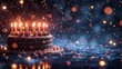   A birthday cake with lit candles, situated before a hazy backdrop of soft, indistinct lights