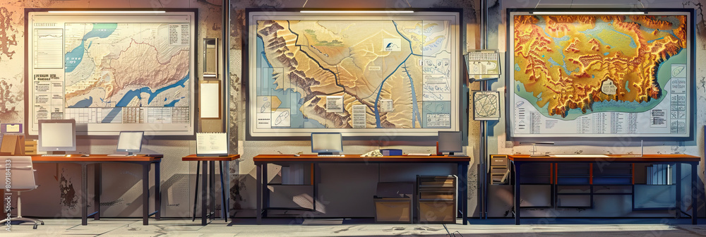 Geologist's Wall: Displaying geological maps, rock samples, and a ...