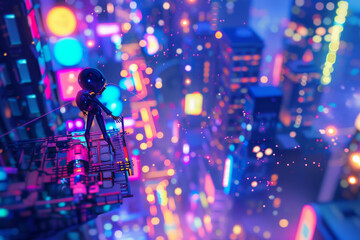 Poster - A cartoon character is standing on top of a building with a city in the background