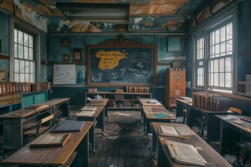 Poster - Classroom setting with wooden desks arranged and a chalkboard on the wall, A classroom with wooden desks, chalkboards, and old textbooks scattered around